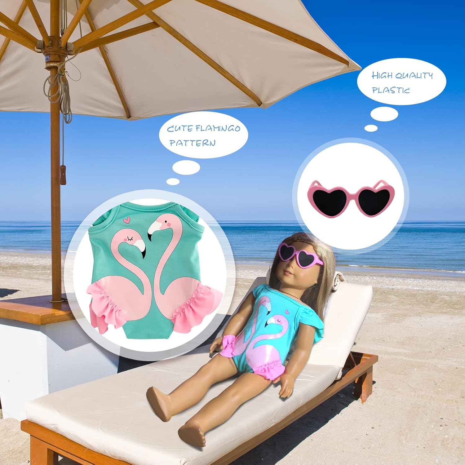 18 Inch Doll Clothes and Accessories Travel Suitcase Play Set Including Luggage, 2 Sets of Doll Clothes and Shoes, Umbrella Sunglasses Camera Travel Pillow Blindfold Passport Tickets O941421