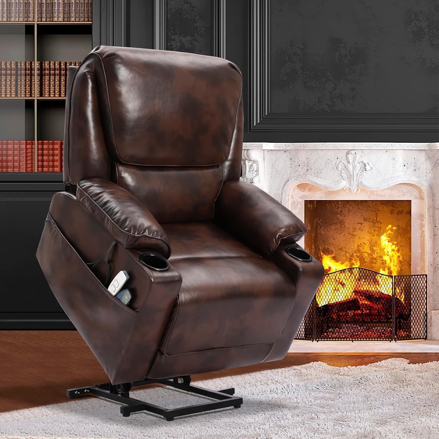 Brown Leather Power Lift Recliner Chair with Massage and Heated F21047