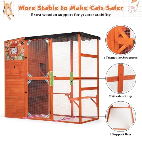 Large Wood Cat Catio with Weatherproof Roof, 2 Resting Rooms, 2 Platforms, 4-Tier Cat Playpen H4344
