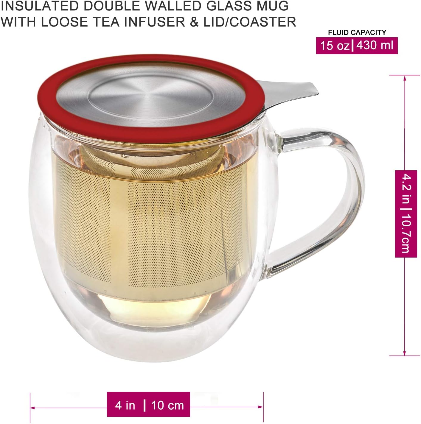 Double-Wall Borosilicate Glass Mug with Stainless Steel Infuser and Lid – 15 OZ R674