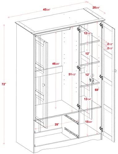 100% Solid Wood Armoire Wardrobe Closet, Java, 4 Small Shelves, 1 Clothing Rod, 2 Drawers N913