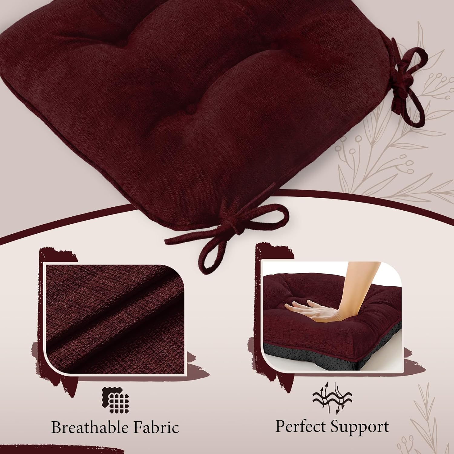 Burgundy 17" x 17" Memory Foam Chair Cushions with Adjustable Ties H3720