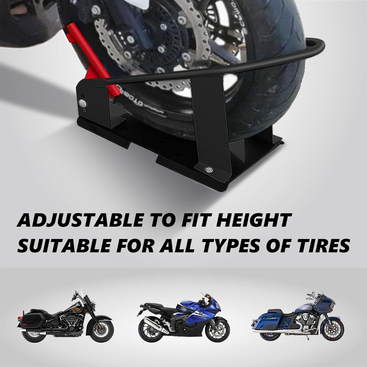 Heavy Duty Steel Motorcycle Wheel Chock, 1800 lbs Capacity Wheel Cradle Holder, Front Wheel Stand with 3 Adjustable Height Holes H132