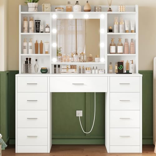 White Vanity Desk with 9 Drawers and Mirror L5872