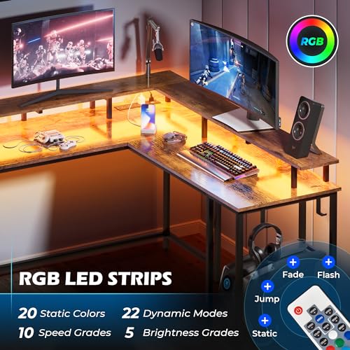 Grey L Shaped Gaming Desk with Power Outlets and LED Lighting H3960