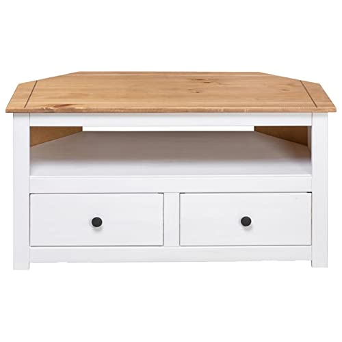 Pine Wood Corner TV Cabinet with 2 Storage Drawers and 1 Open Compartment, 36.6 x 19.3 x 19.3 Inches K7101