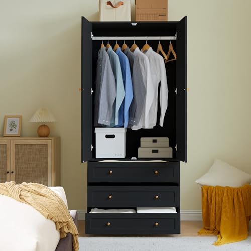 Black 71" Wooden Wardrobe Armoire with 3 Drawers F4485