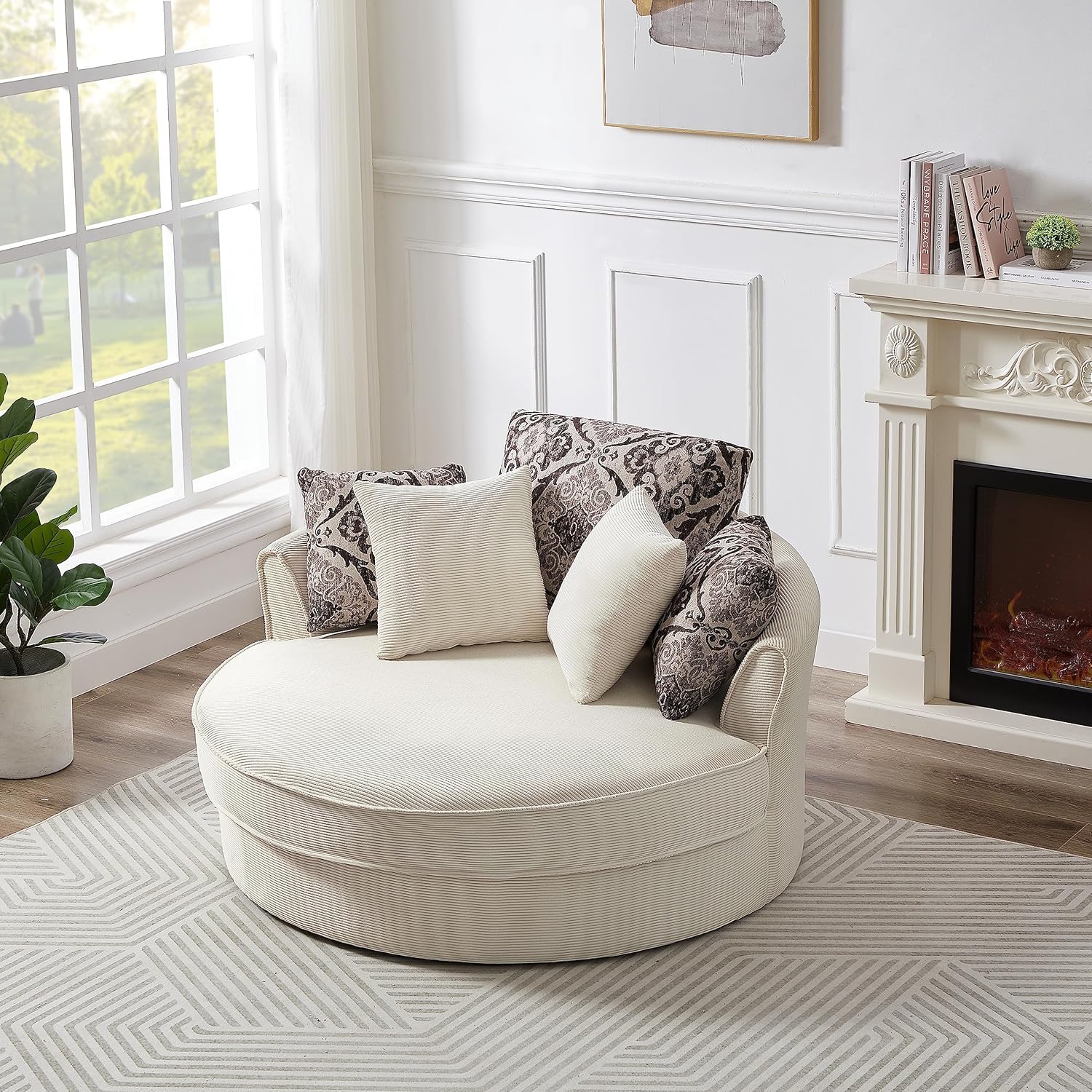 Oversized Corduroy Swivel Barrel Armchair with 5 Detachable Pillows J957