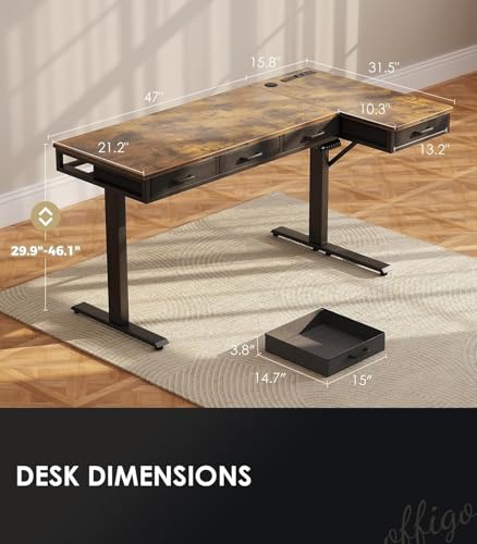 63 Inch L Shaped Electric Standing Desk with Drawers, Height Adjustable, Black G108
