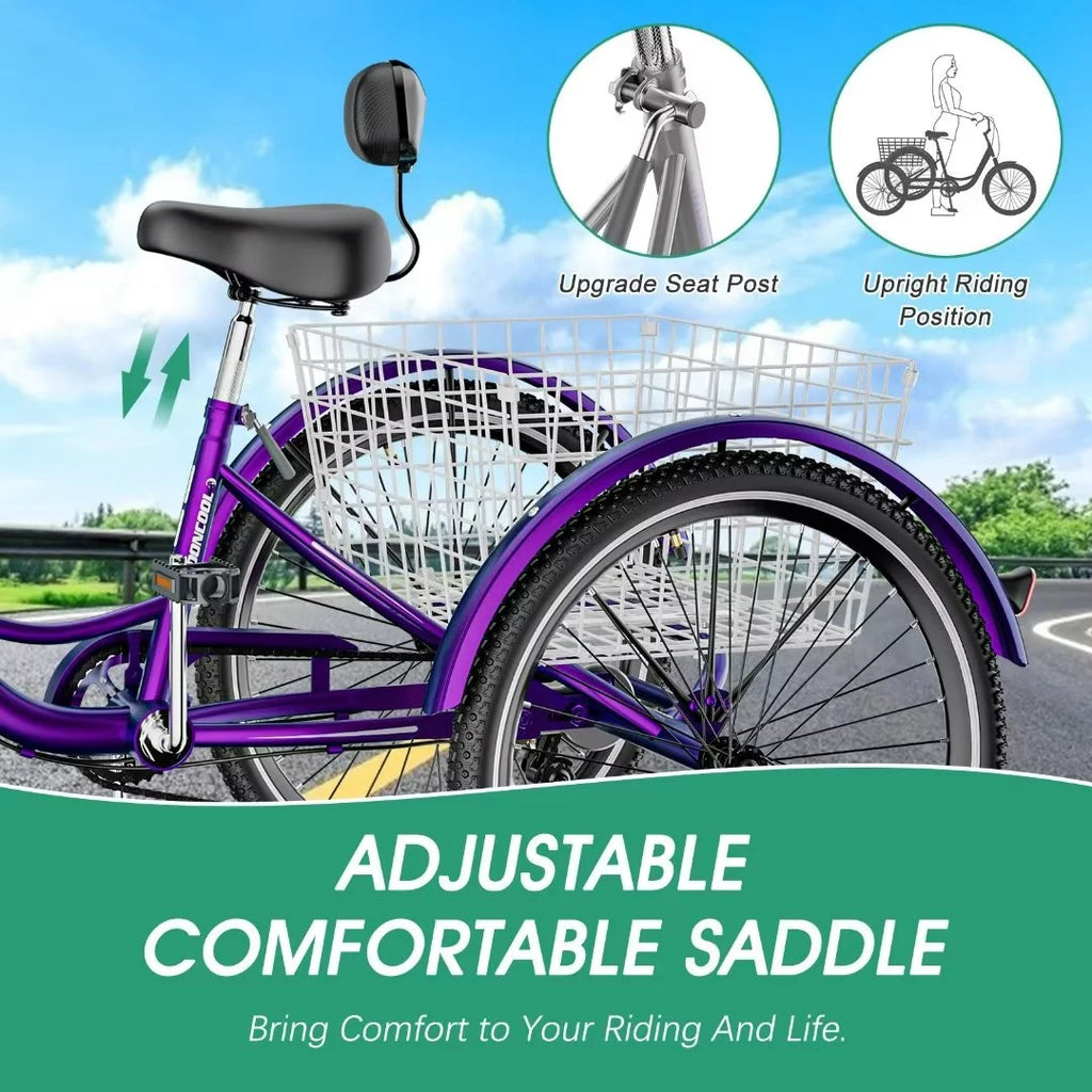 24Inch Adult Electric Tricycles 3 Wheel Electric Bike, 15.5 mph 500W Electric Trikes, 7-Speed, 36V Removable Lithium Battery B6401