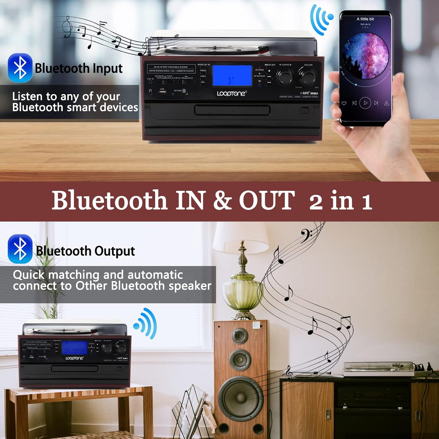 10 in 1 Bluetooth Record Player Turntable with CD Player Cassette AM/FM Radio O57075