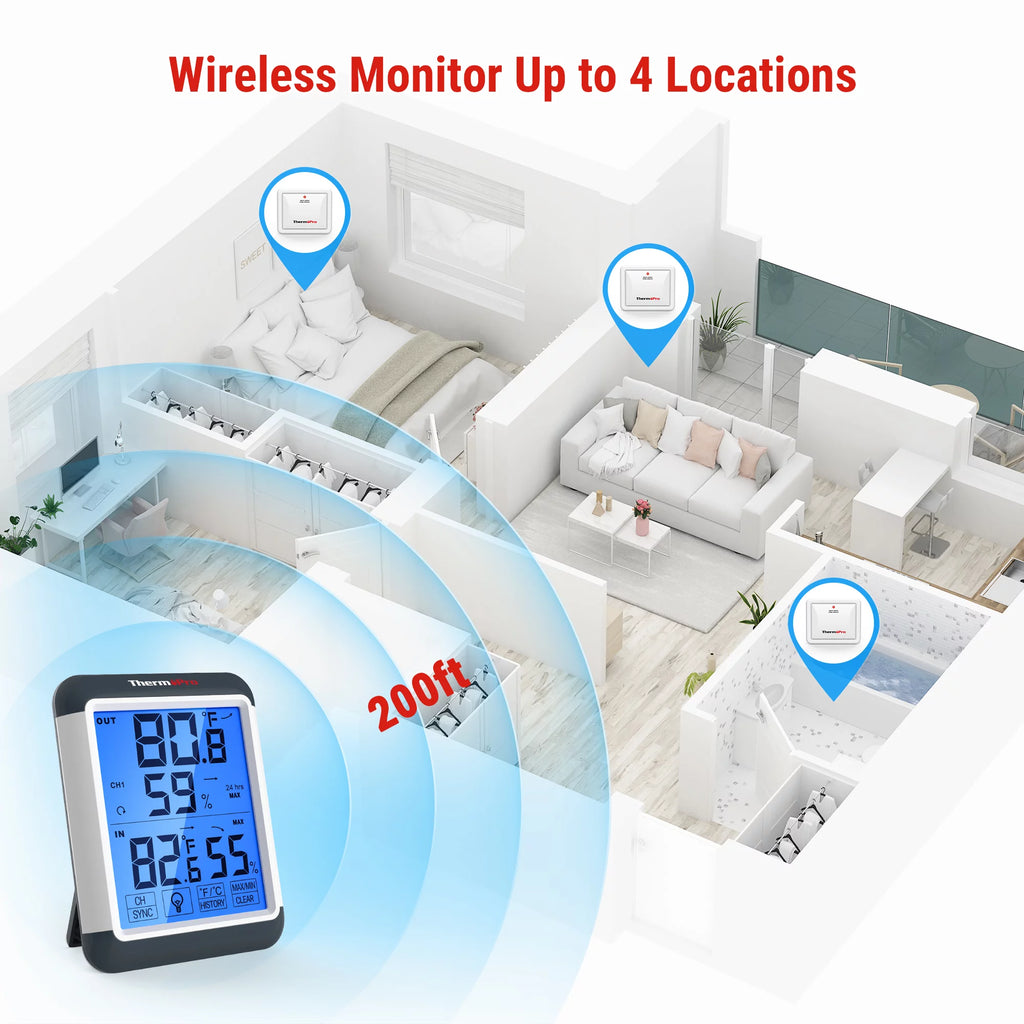 Indoor Outdoor Thermometer Digital Wireless Hygrometer Temperature Humidity Monitor with Jumbo Touchscreen and Backlight T291076