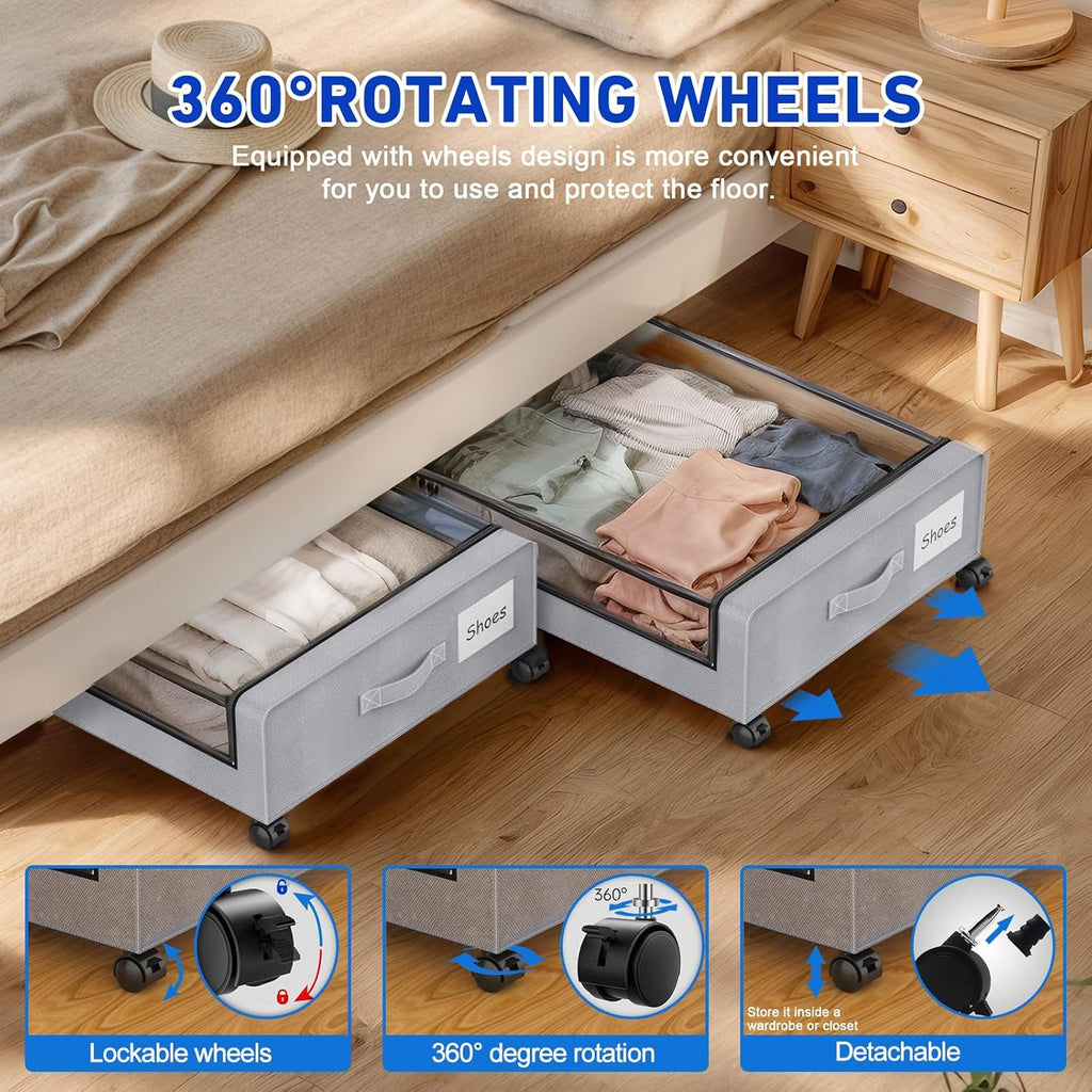 Gray 4-Pack 60L Under Bed Storage Bins with Wheels and Clear Lids U879