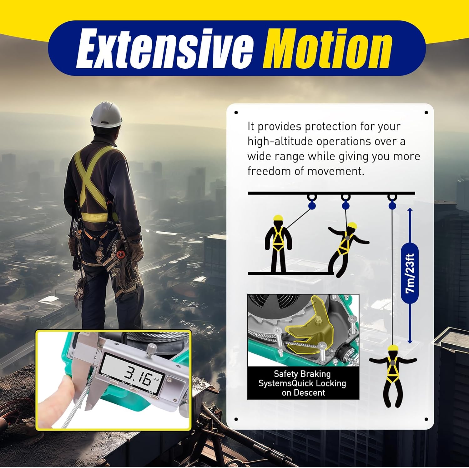 Self Retracting Lifeline 330lbs Fall Arrester Retractable Fall Protection Safety Harness with Alloy Steel Hook & Steel Wire Rope X190