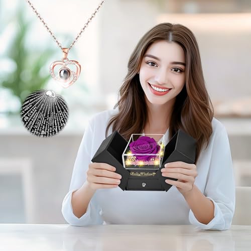 Preserved Red Rose Flower with Necklace and Light A868
