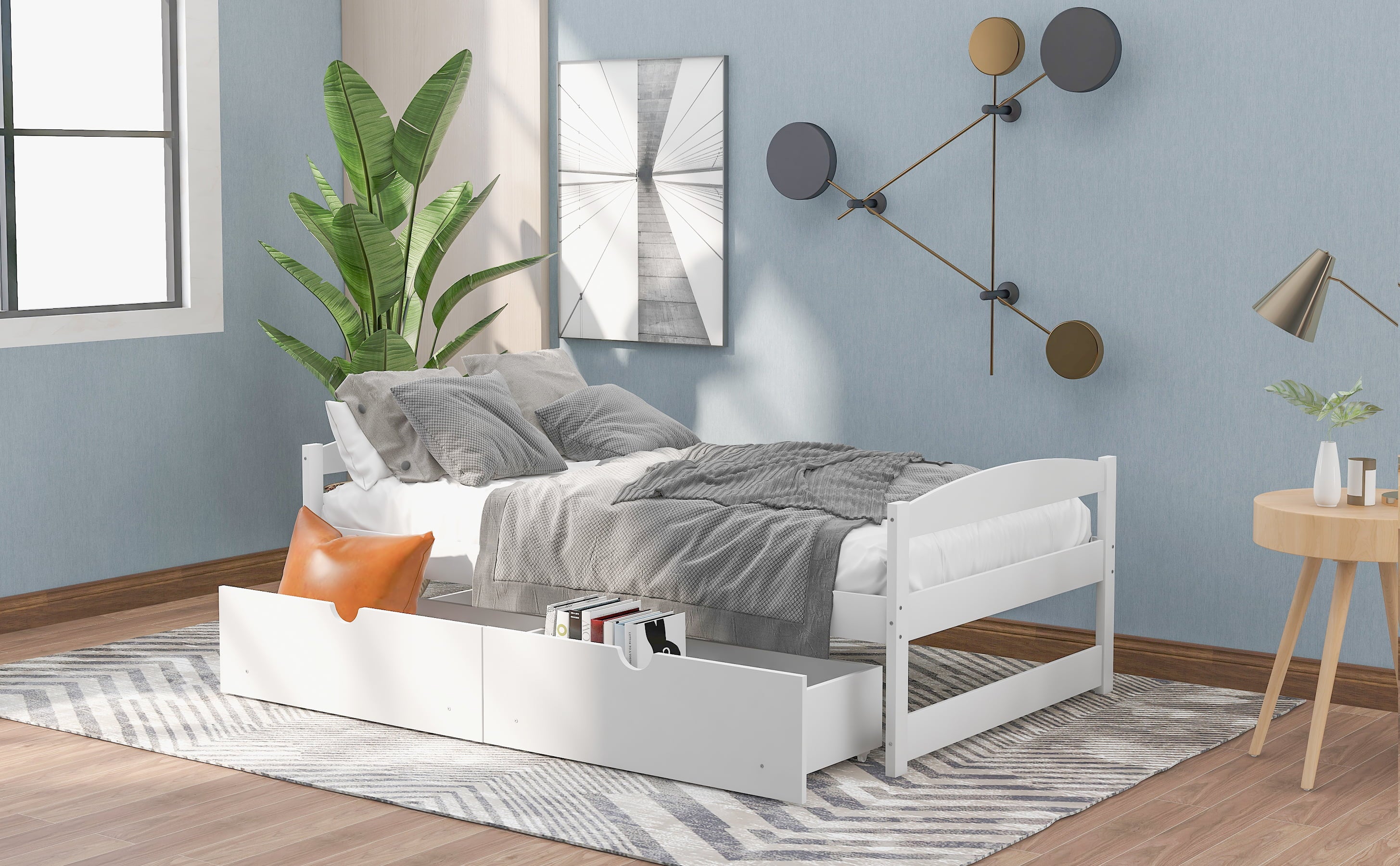 White Double Platform Bed with Two Drawers Q981916
