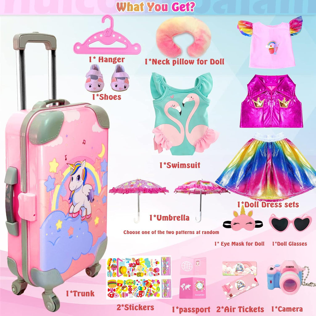 18 Inch Doll Clothes and Accessories Travel Suitcase Play Set Including Luggage, 2 Sets of Doll Clothes and Shoes, Umbrella Sunglasses Camera Travel Pillow Blindfold Passport Tickets O941421