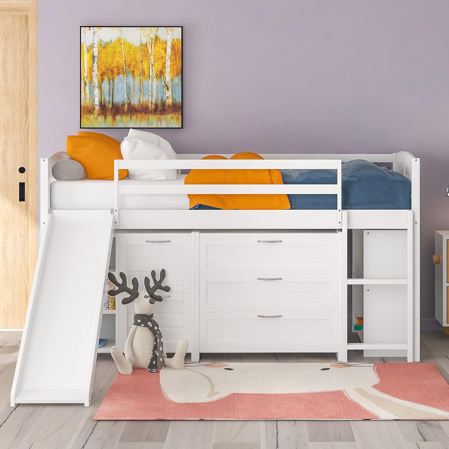 White Twin Low Loft Bed with Slide Storage Cabinets Drawers Shelves L219