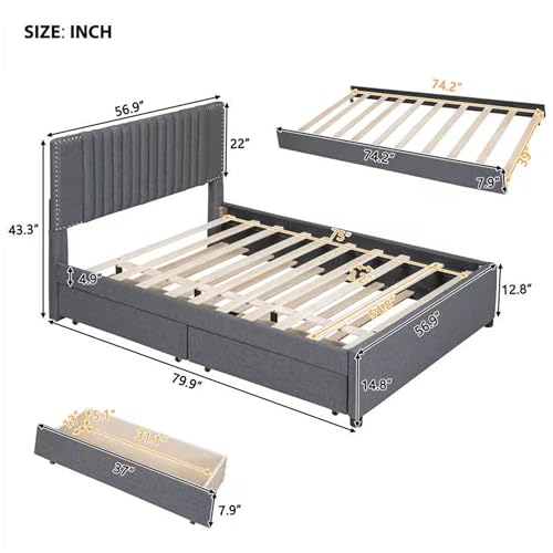 Beige Linen Upholstered Platform Bed Frame with Twin XL Trundle and 2 Drawers D3887