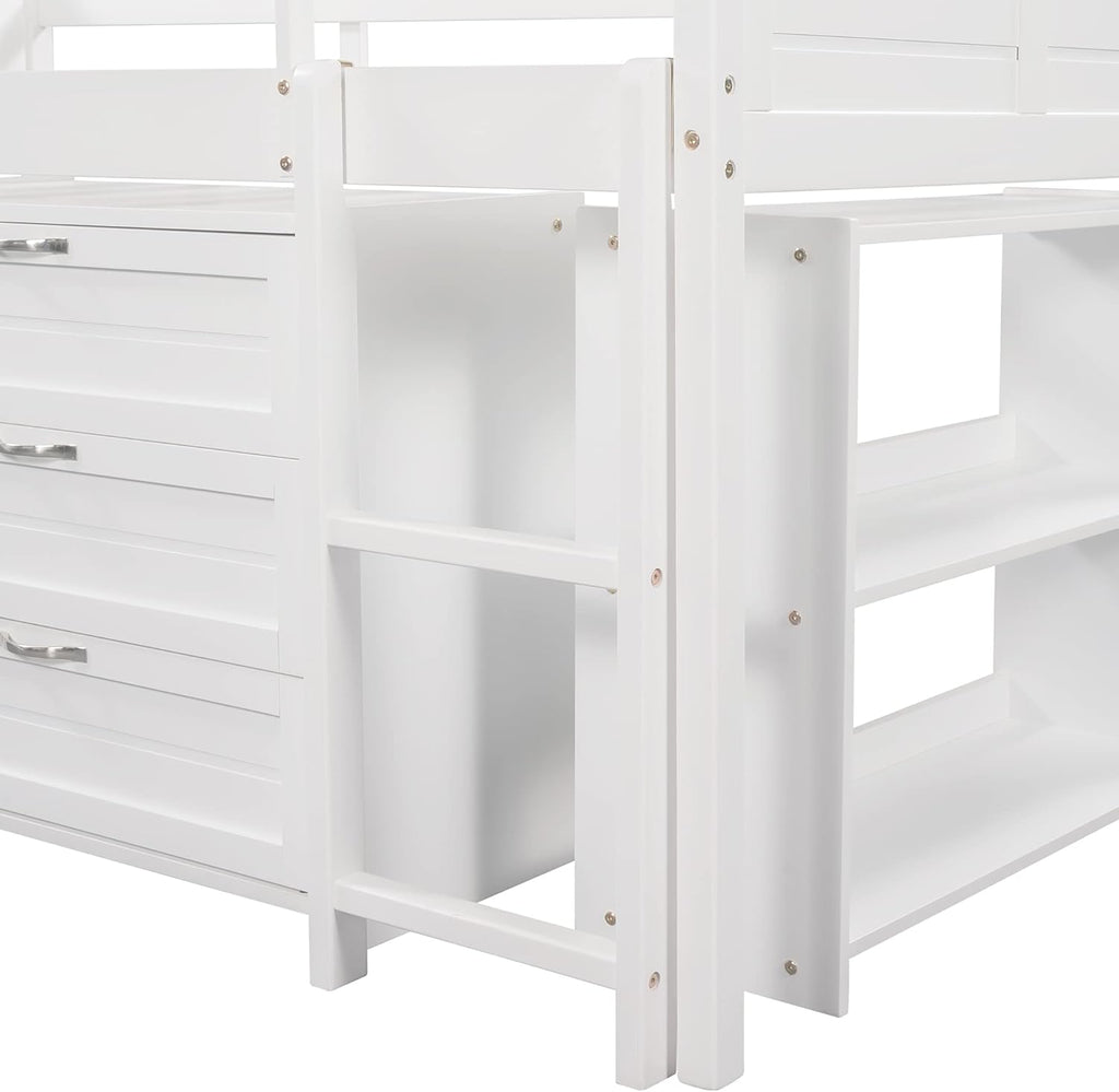 White Twin Low Loft Bed with Slide Storage Cabinets Drawers Shelves L219