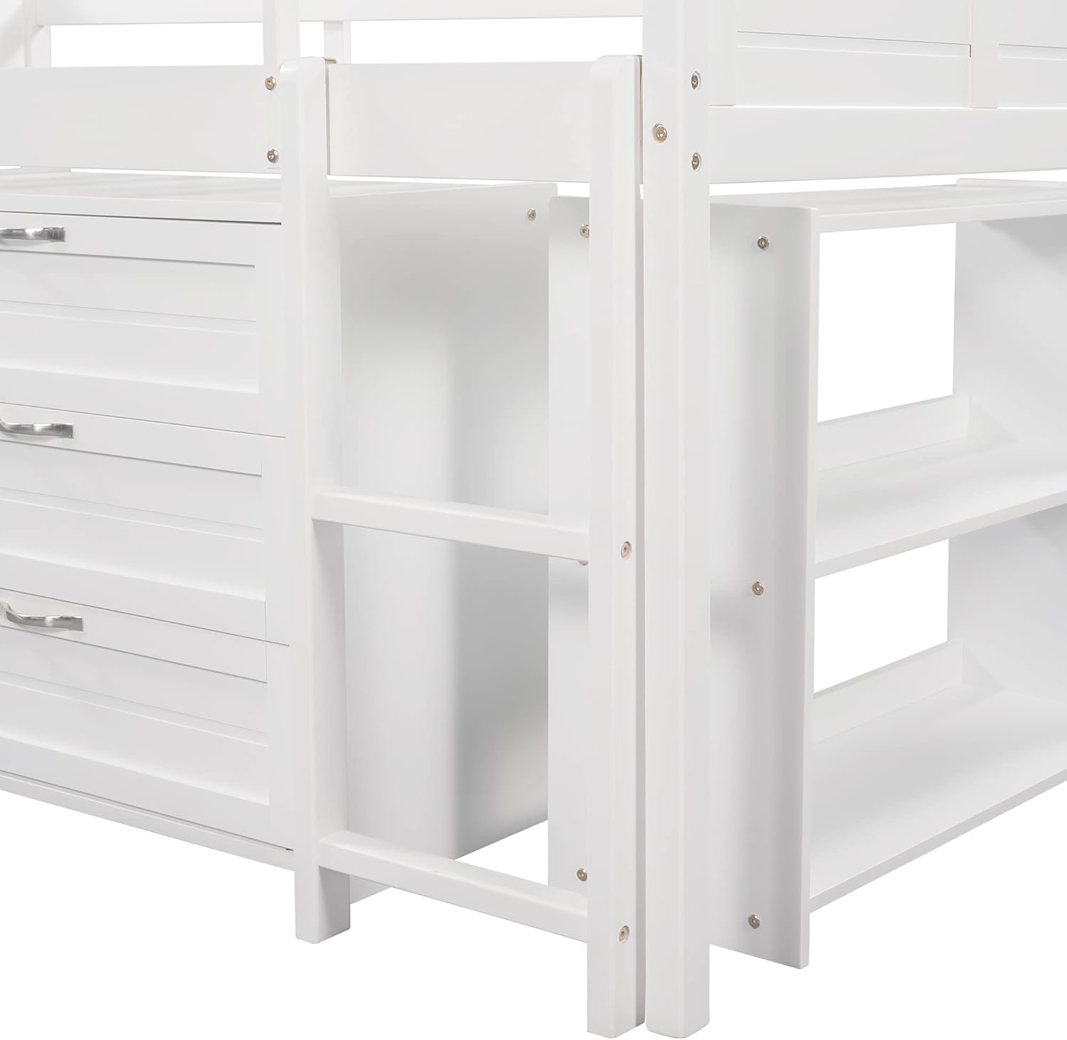 White Twin Low Loft Bed with Slide Storage Cabinets Drawers Shelves L219