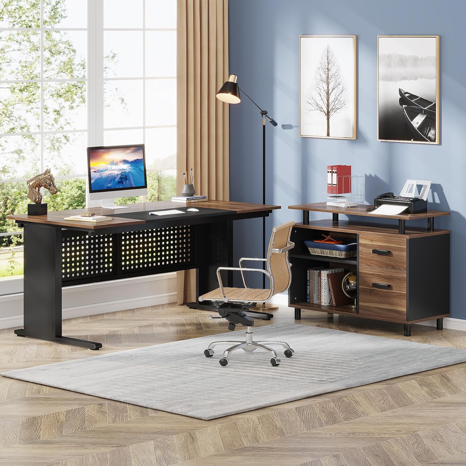 Brown and Black 63 Inch L Shaped Computer Desk with File Cabinet M226341