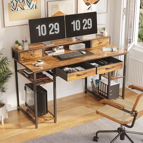 55 Inch Computer Desk with Monitor Shelf, 4 Drawers, Brown S32303