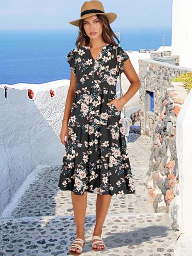Womens Ruffle Sleeve V Neck Midi Dress Flowy Tiered Boho Sundress H8628