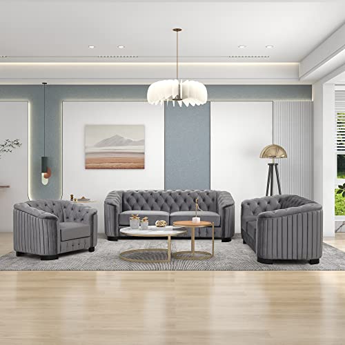 3 Piece Velvet Grey Sofa Set E552