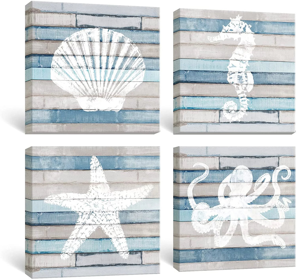 Blue Coastal Nautical Canvas Prints set of 4, 12x12 inch K309397