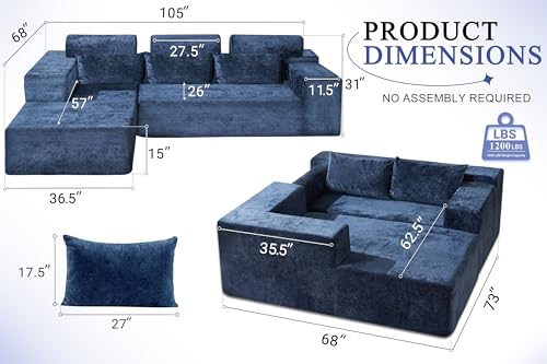 105" L-Shape Modular Sectional Sofa with Deep Seat Grey Velvet V19404