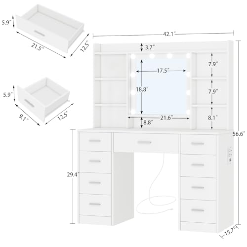 White Vanity Desk with 9 Drawers and Mirror L5872