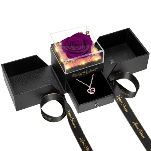 Preserved Red Rose Flower with Necklace and Light A868