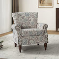 Pink Floral Pattern Wingback Accent Chair with Wood Legs & Removable Cushion T95045