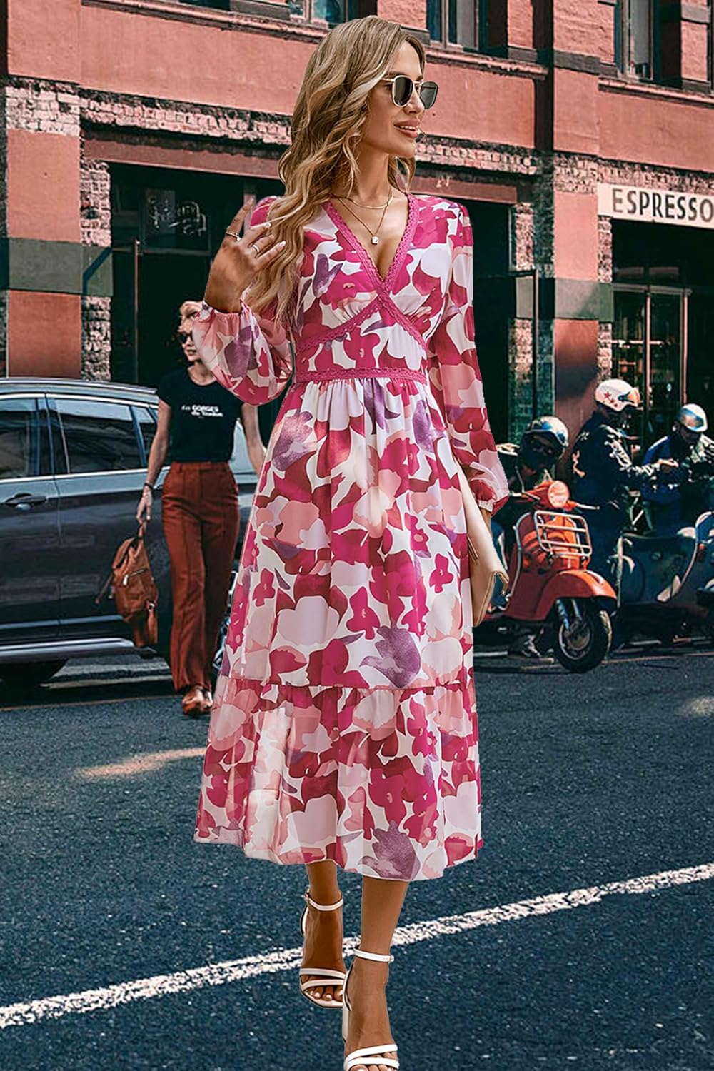 Rose V Neck Long Sleeve Wrap Maxi Dress Chiffon A871864
