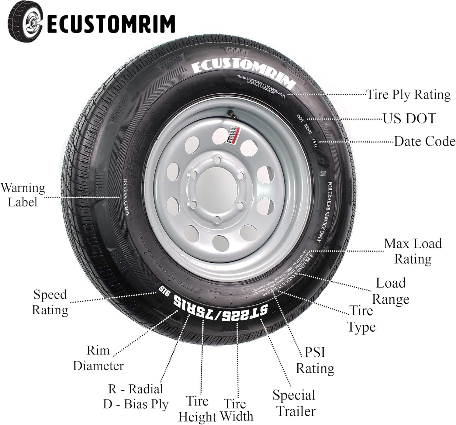 2-Pk Hankook ST225/75R15 Trailer Tire On Silver Mod Rim 6 Lug Wheel LRE B233
