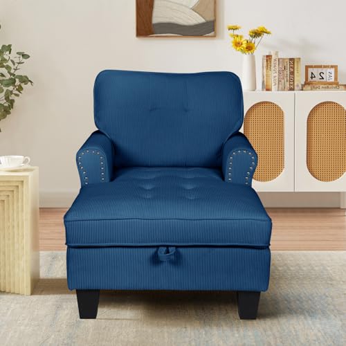63" Sleeper Chaise Lounge Recliner Sofa Bed with Adjustable Backrest & Storage Space (Blue Corduroy) X768409