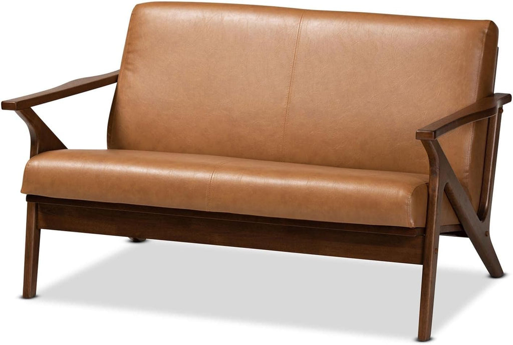 Walnut Brown Wood and Tan Faux Leather Loveseat M398