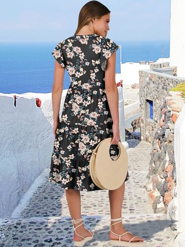 Womens Ruffle Sleeve V Neck Midi Dress Flowy Tiered Boho Sundress H8628