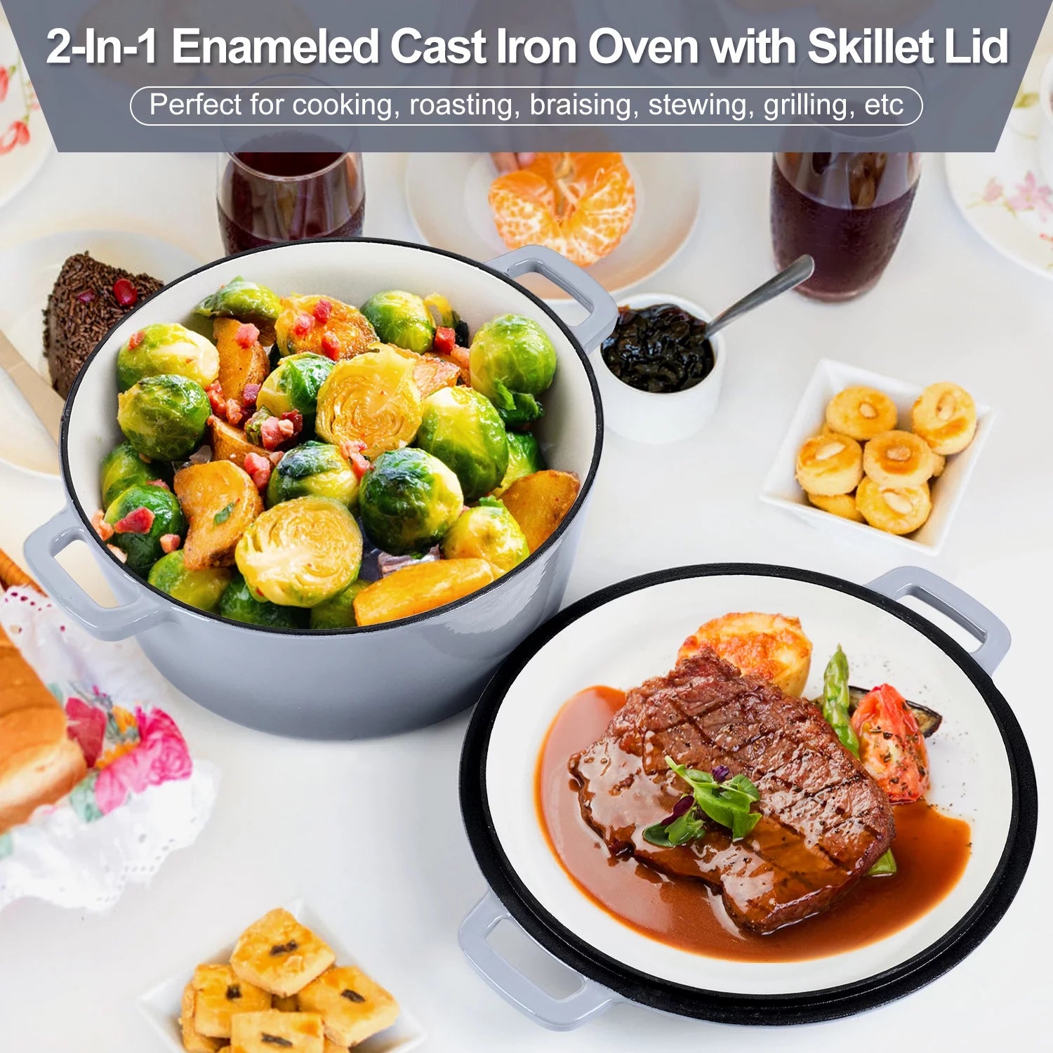 2-in-1 Enameled Cast Iron Dutch Oven with Skillet Lid, 5 Quart S505654