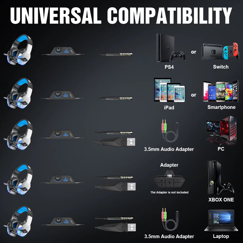 Gaming Headset with Noise Cancelling Mic, LED Light, Over Ear Headphone W295