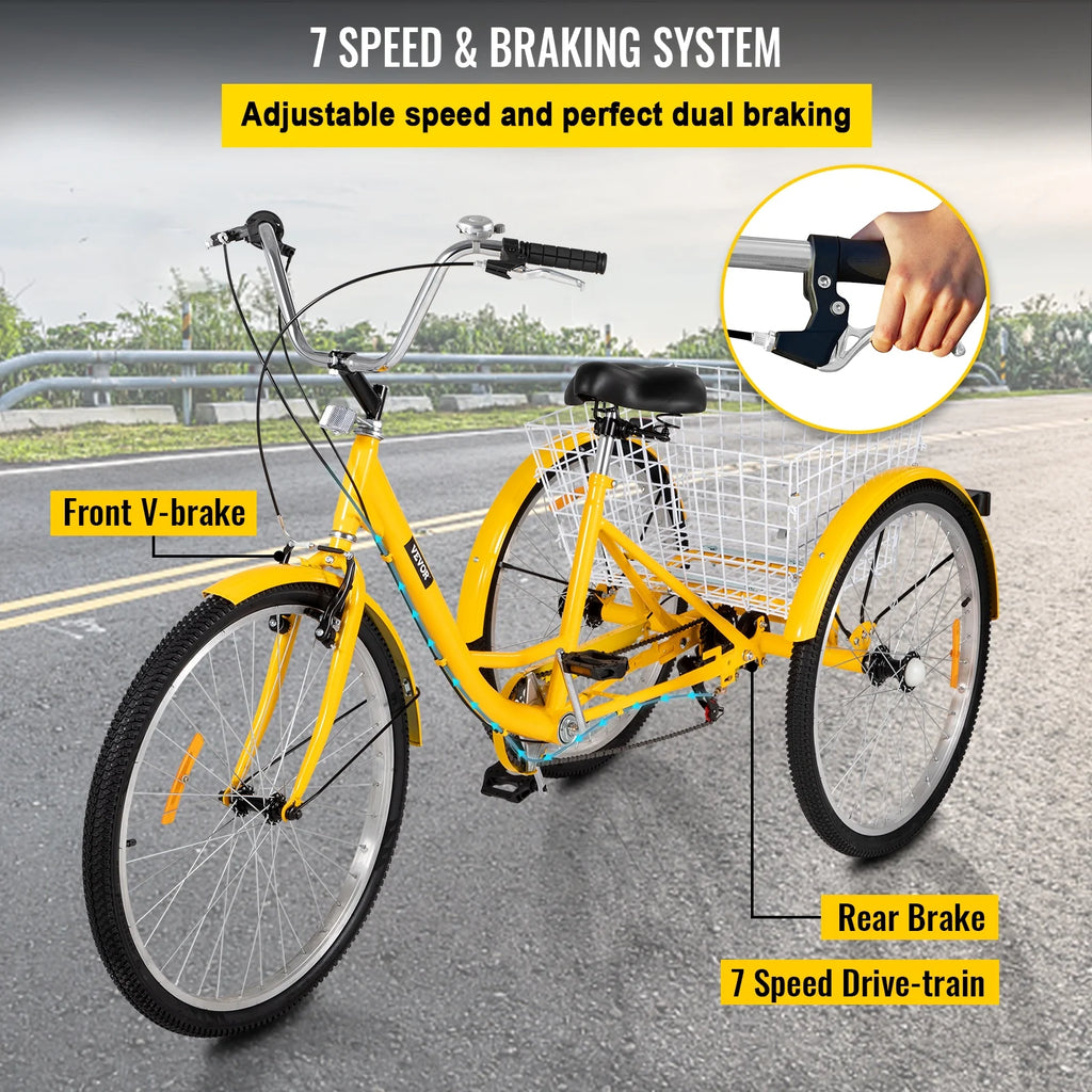 26in 7 Speed 3-Wheels Adult Tricycle with Basket L42897