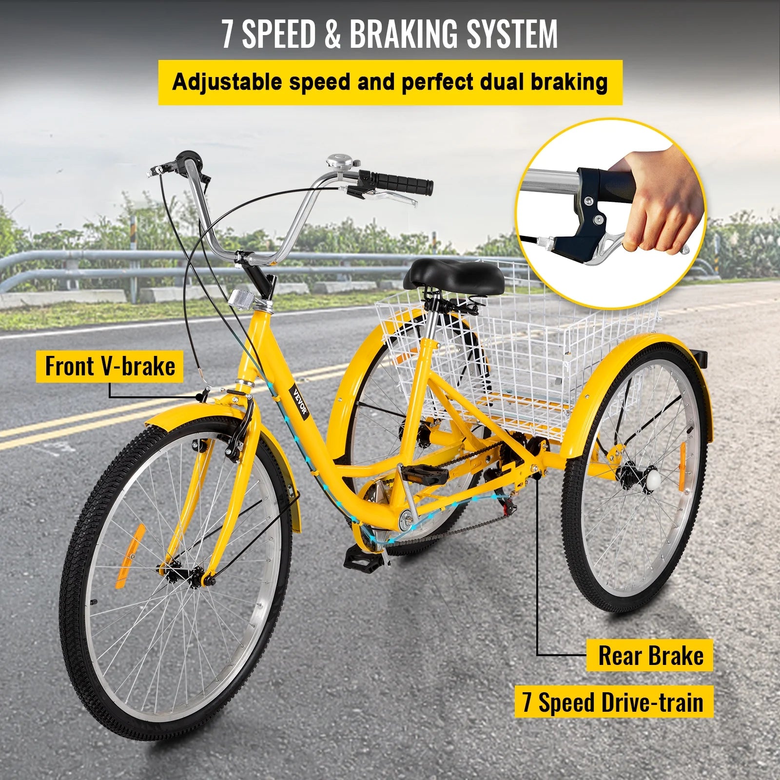 26in 7 Speed 3-Wheels Adult Tricycle with Basket L42897