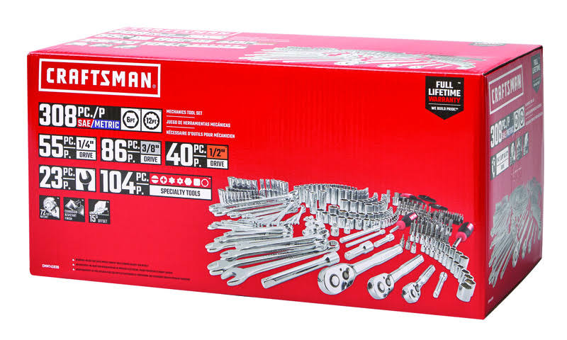 1/4, 3/8 and 1/2 in. Drive Metric and SAE 6 and 12 Point Mechanic's Tool Set 308 pc. E279