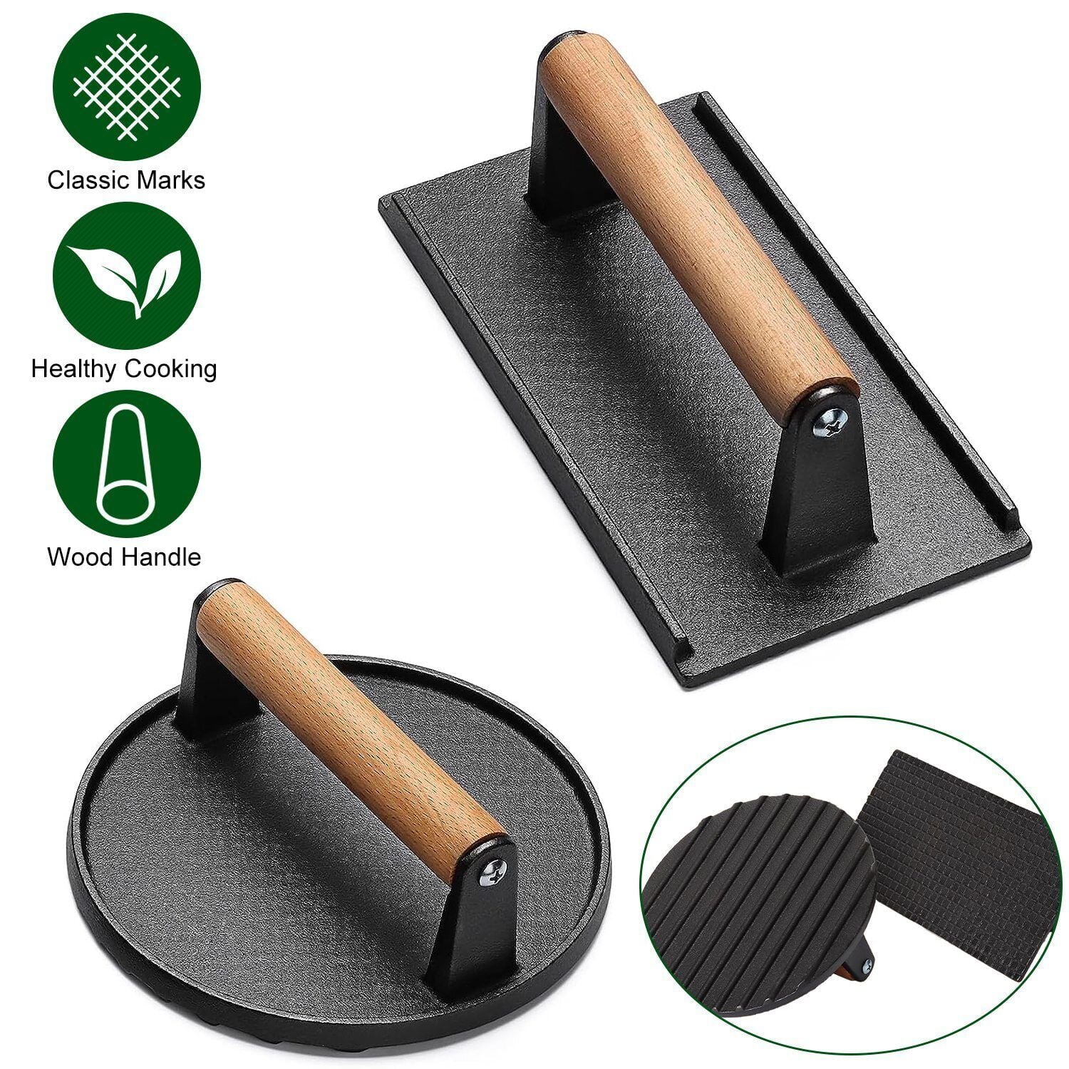 Cast Iron Steak Press with Wood Handle 2Pcs C23529