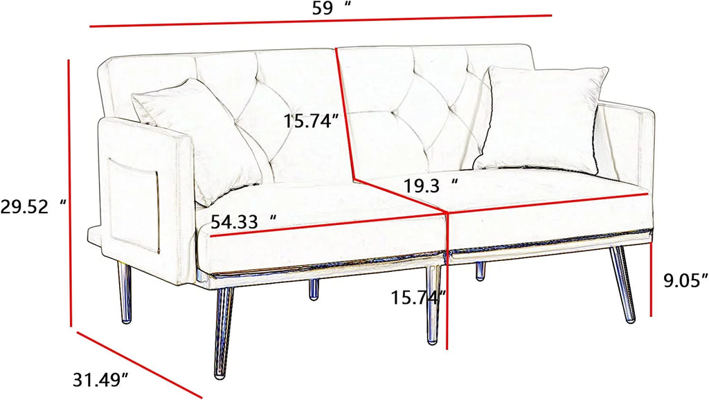 59" Convertible Velvet Sofa Bed with 2 Pillows & Side Pockets (Black) G645415