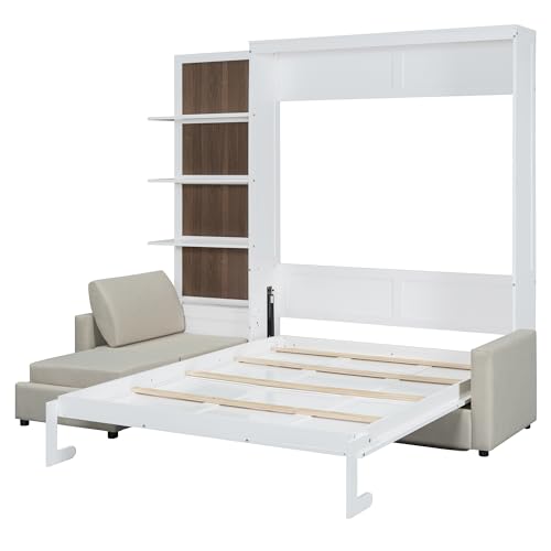 Queen Size Wood Murphy Bed with Sofa and Shelves, White K404134