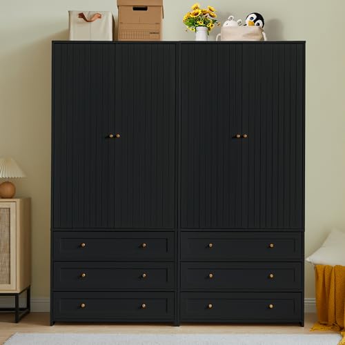 Black 71" Wooden Wardrobe Armoire with 3 Drawers F4485