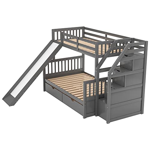 White Wood Twin Over Full Bunk Bed with Slides, Stairway, Drawers, and Safety Fence H661332