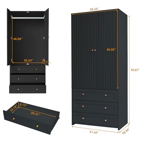 Black 71" Wooden Wardrobe Armoire with 3 Drawers F4485